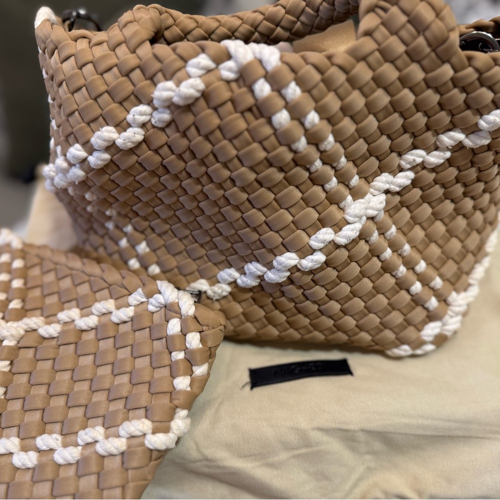 Naghedi Tan and White Woven Shoulder Bag with Rope Weave